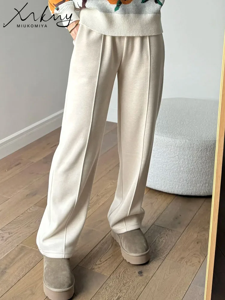 MiuKoMiYa Winter Warm Woolen Pants Women Wide Leg Straight Long Thick Trousers Office Lady High Waist Women Fleece Pants Loose