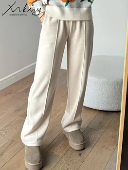 MiuKoMiYa 春グレーウールパンツ女性ワイドレッグストレート長ズボンオフィスレディハイウエスト女性ベージュフォーマルパンツルーズ