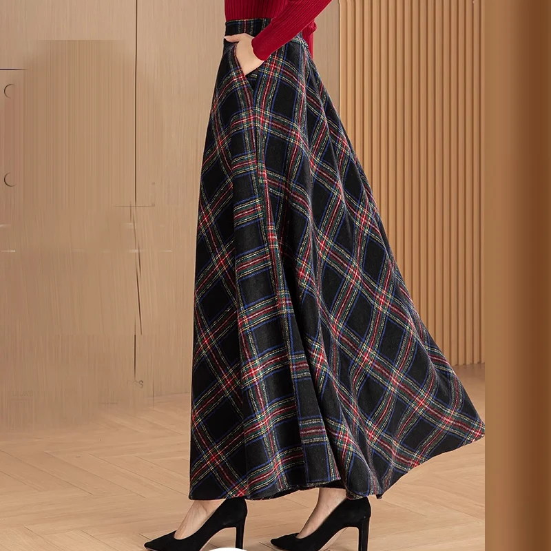 2024 Autumn and Winter Neon Plaid Woolen Thick Long Skirt for Womens Fashion High Waist A-line Elegant Women's Maxi skirt