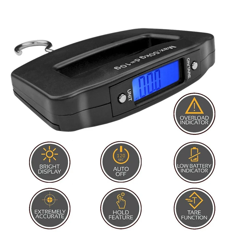 Portable 50kg 10g Luggage Scale Digital Precise Mini Fish Hook Hanging Electronic Weight Scale Travel Household Outdoo +Battery