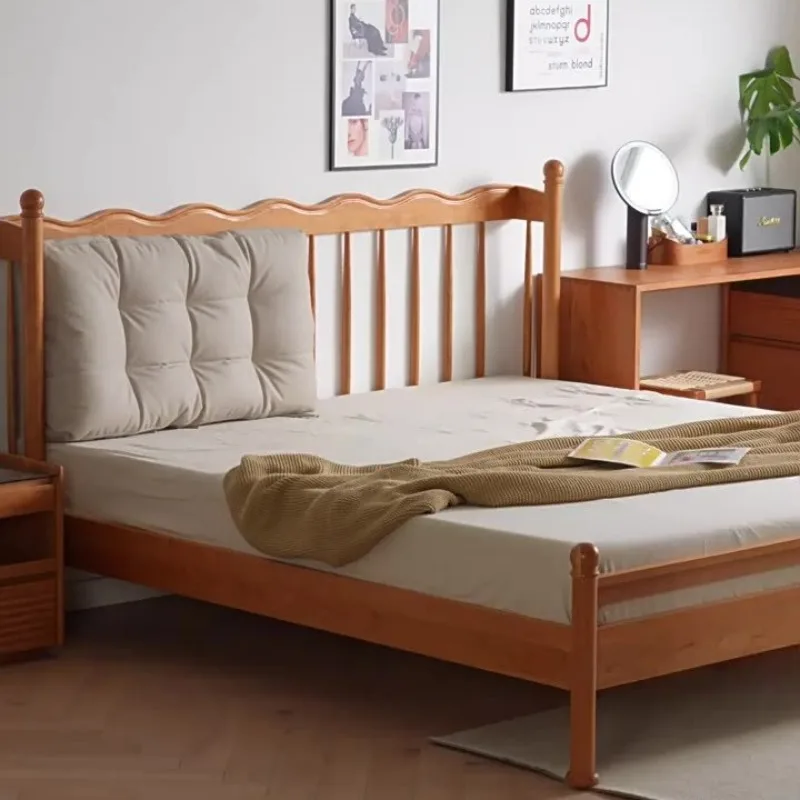 Retro solid wood double bed, all solid wood cherry wood log technology leather soft bag bed