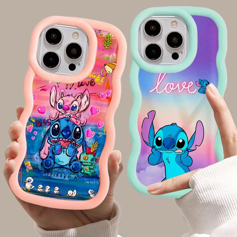 Luxury Macaron Waves Phone Case for iPhone 15 14 13 12 11 pro Max XS XR X 7 8 plus Disney Rainbow Stitch Angel Love Candy Cover