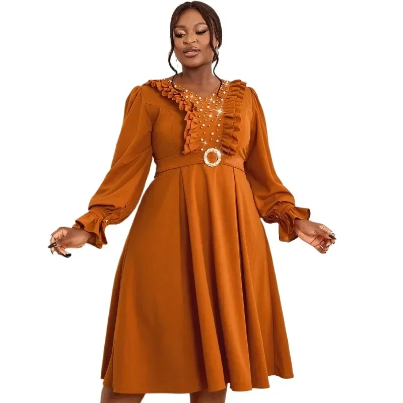 Women's Lantern Long Sleeved Nail Bead Large Swing Satin Retro Dress 2024 Street Wedding Party Dresses African Women's Clothing