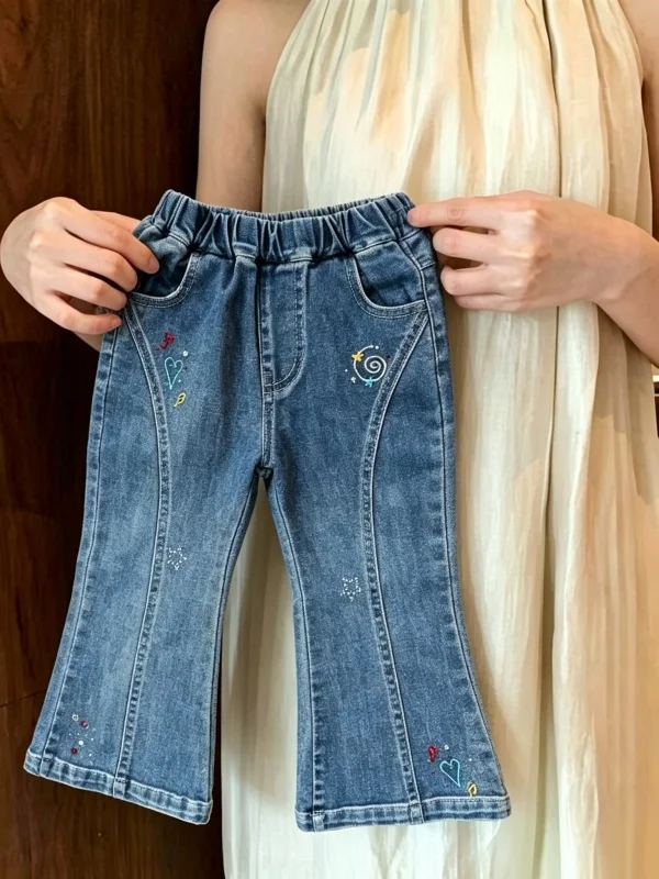 Girls' Fashionable Blue Denim Pants High Waist Micro Flared Stitched Diamond Iron-On Children's Autumn Wear Versatile Kids Cl...