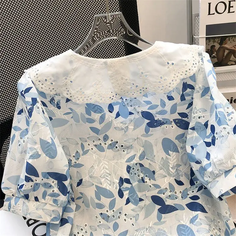 KUSAHIKI Fashion Floral Hollow-out Women Blouse Tops Sweet Peter Pan Collar Puff Sleeve Korean 2023 Summer New Blusas Shirt