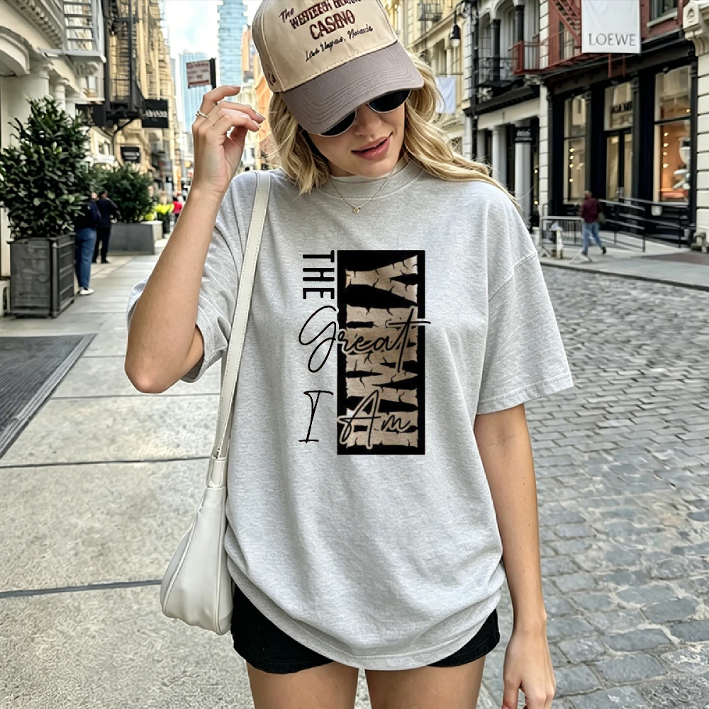The Great I Am Graphic T Shirt Vintage Distressed Mixed Script Serif Letter Print Faith Inspirational Religious Quote Gift Tops