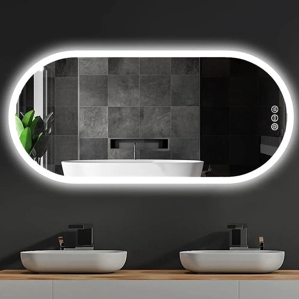 Smart Bathroom Mirror HD LED Tricolour Strip Oval Touch Screen Mirror with Demist Function Customisable Size