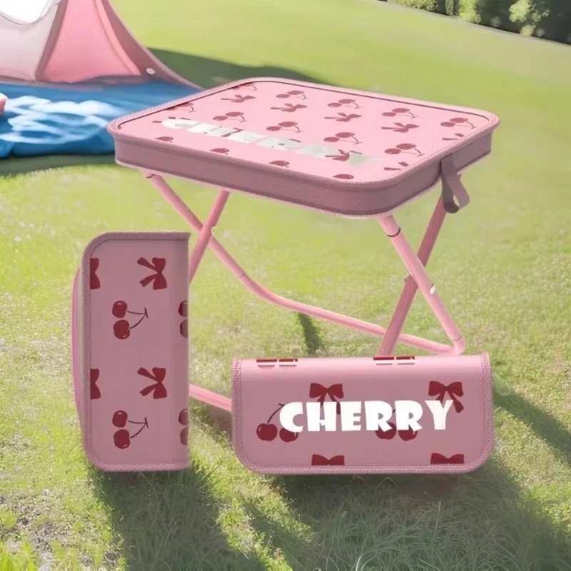 Foldable Camping Stool Converts to Crossbody Shoulder Bag Portable Lightweight Chair with Cherry Pattern & Carbon Steel Frame