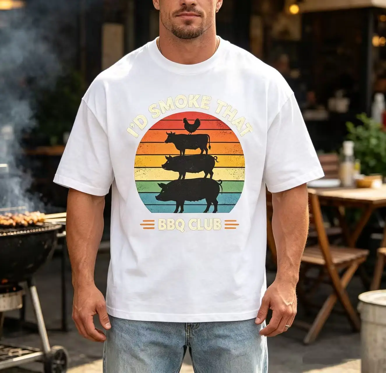Unisex I'd Smoke That BBQ Club Retro Sunset Cow Pig Chicken Stack Silhouette Graphic T Shirt Men Women Barbecue Lover Print Oversized Tee