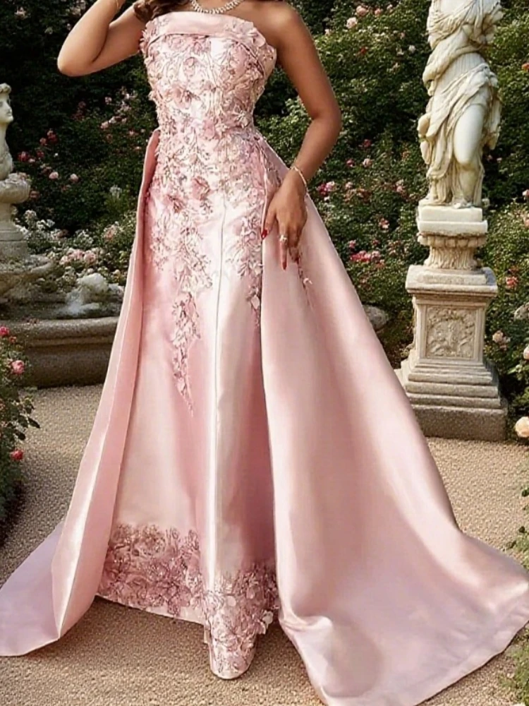 

Elegant Pink Evening Dresses A Line 2 In 1 Sexy Sleeveless Appliques Flowers Prom Gowns Fashion Vestidos De Fiesta Customized