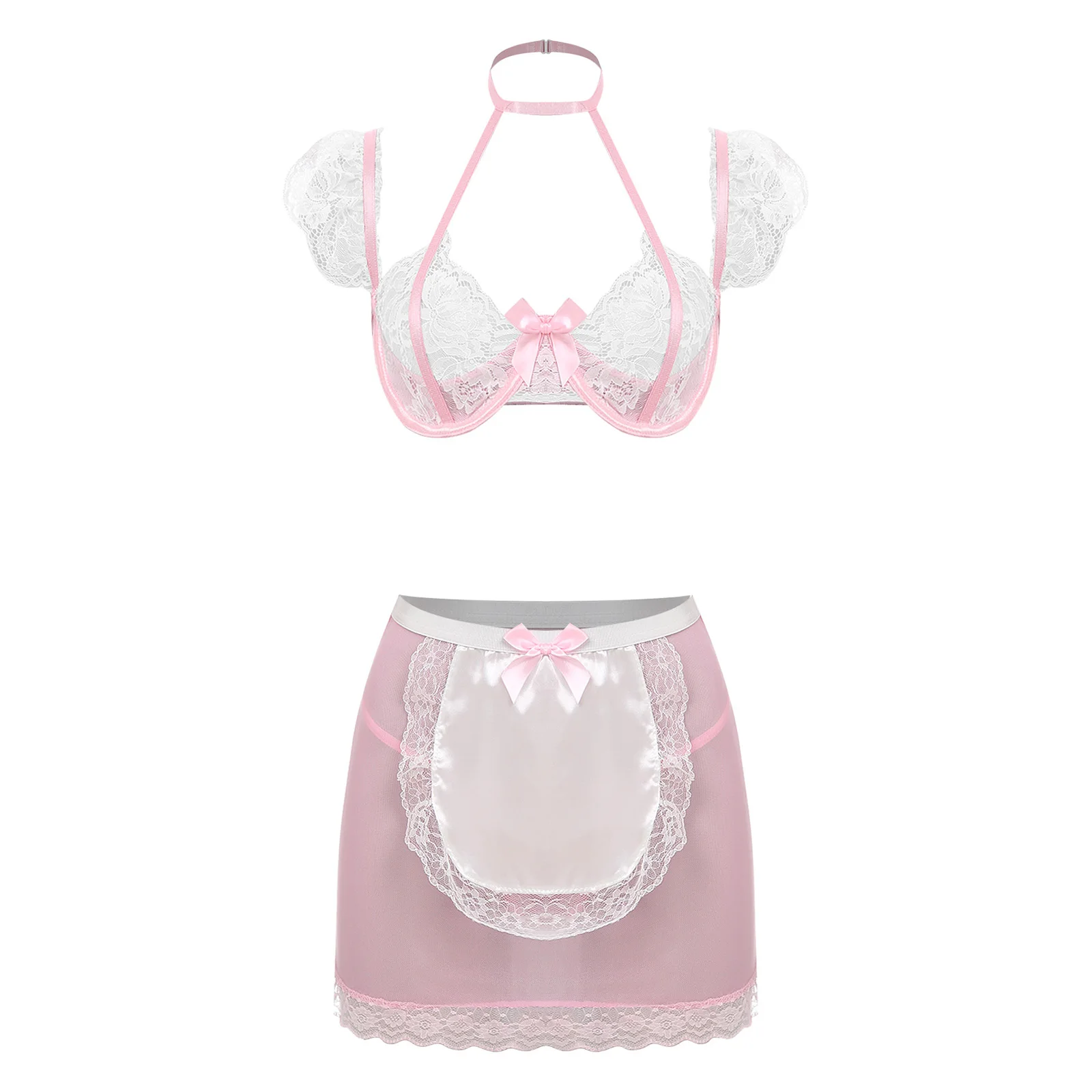 

Women Bunny Maid Lingerie Role Play Nightwear Temptation Floral Lace Bra Top with See-through Apron Skirt And G-string Thongs