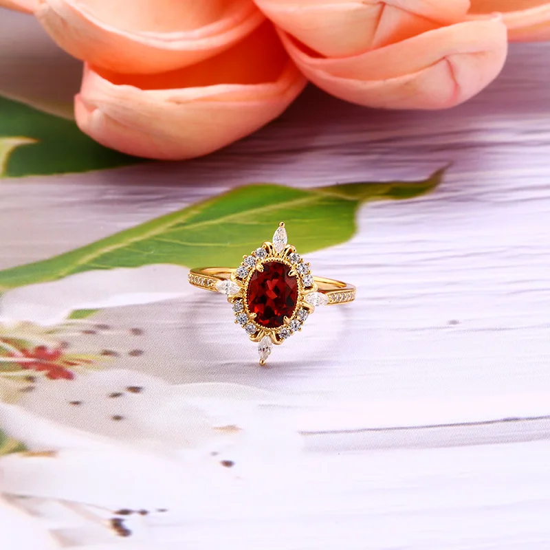 LAMOON Vintage Gemstone Ring Natural Garnet Rings For Women 925 Sterling Silver K Gold Plated Crystal Wedding Engagement RI182
