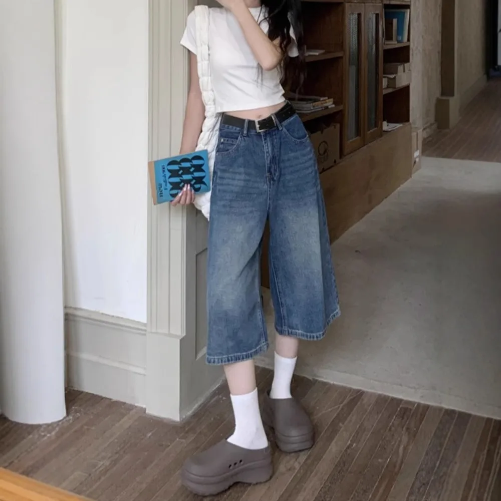 

American Retro High Street Wide Leg Seven-Foot Denim Shorts Women Summer Versatile Loose High Waist Slim Straight Mid-Pants