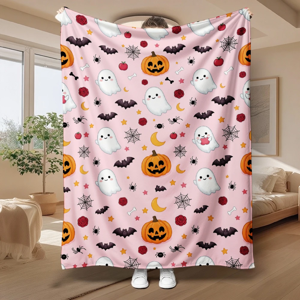 Pink Halloween ghost pumpkin throw blanket bat spider web rose moon star decorative cover for couch bedroom travel camping