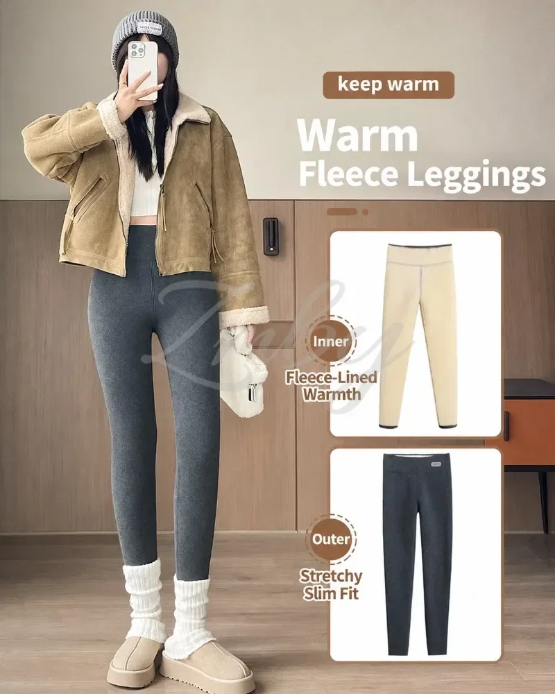 Women's Extra Thick Warm Fleece Lined Winter Leggings Elastic High Waist Thermal Pants Woman Slim Fit Solid Knit Long Trousers