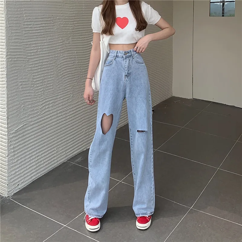 150 small short salt love ripped jeans women's high waist design sense niche straight tube wide leg xs nine points