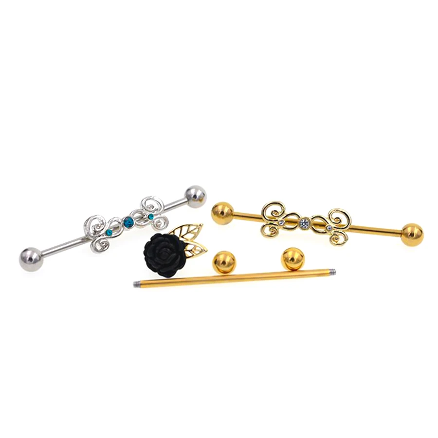 1Pc Rose Flower Elegant Style 14G 38mm Stainless Steel Barbell with Synthetic zirconia Butterfly- Hypoallergenic Industrial Barb