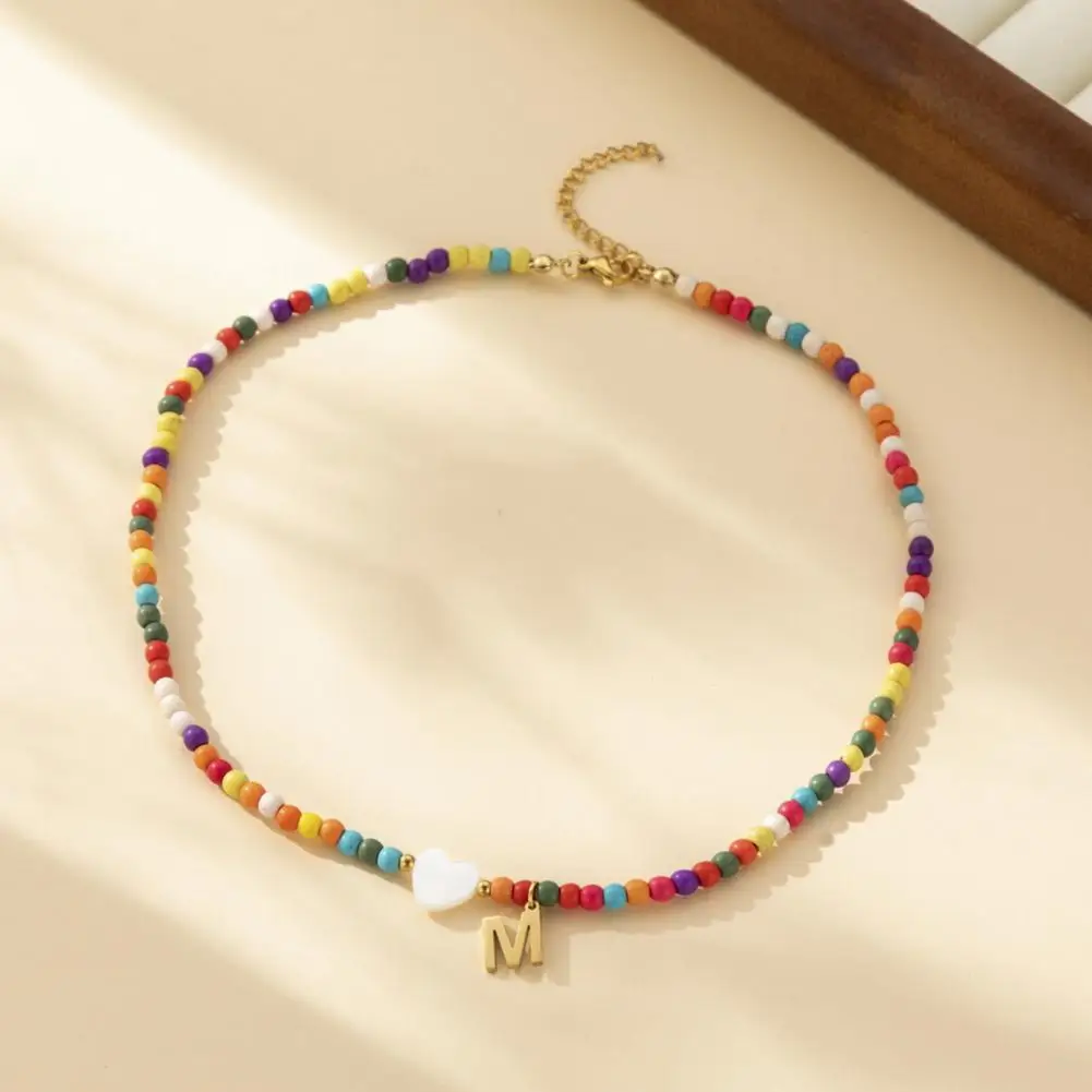 Non-irritating Necklace Colorful Bead Necklace Bohemian Style Colorful Beads Necklace with Letter Pendant Heart Decor for Women