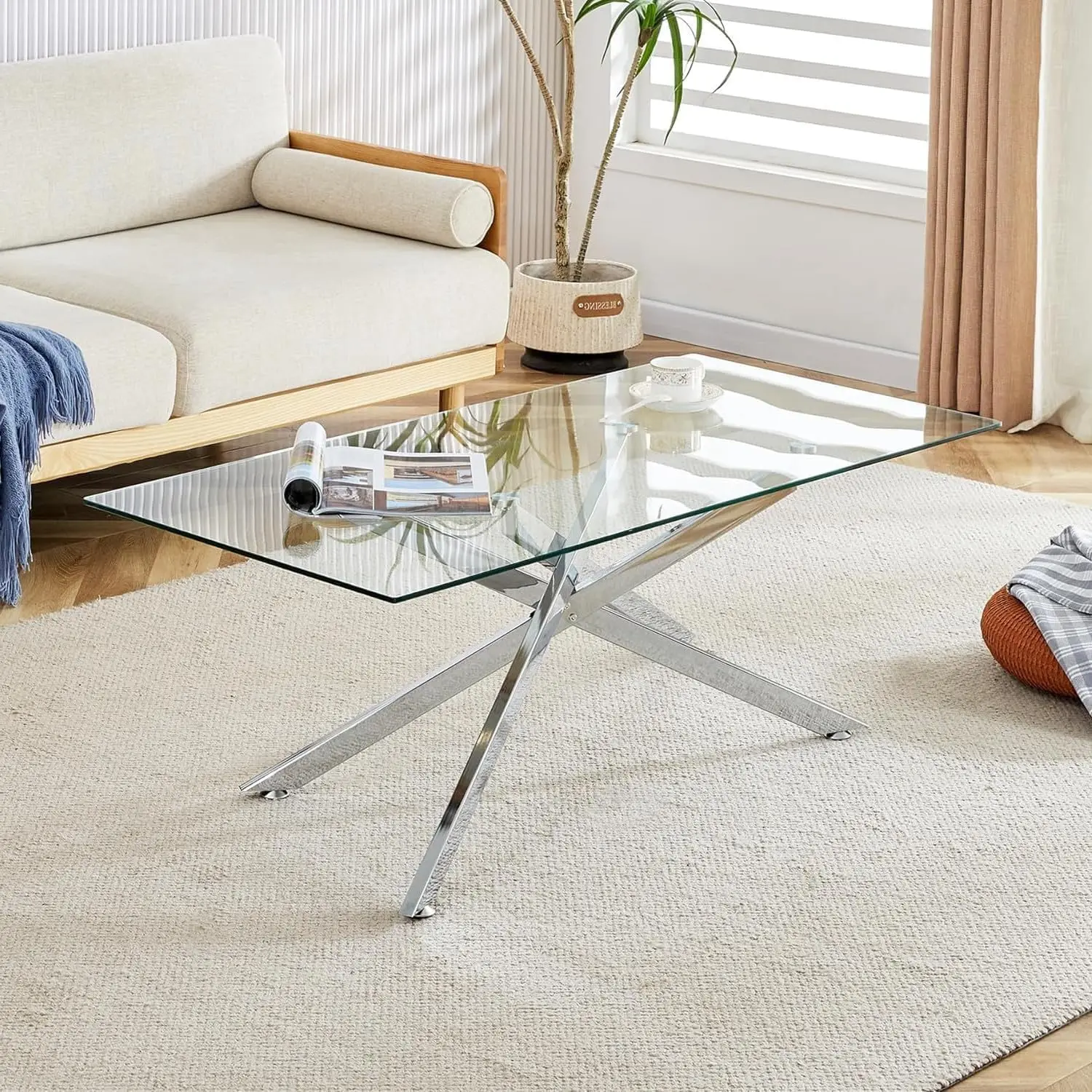 47.2 inch Rectangle Coffee Table with Silver Chrome Metal Pedestal, Rectangular Tempered Glass Coffee Table, Mid Century Modern