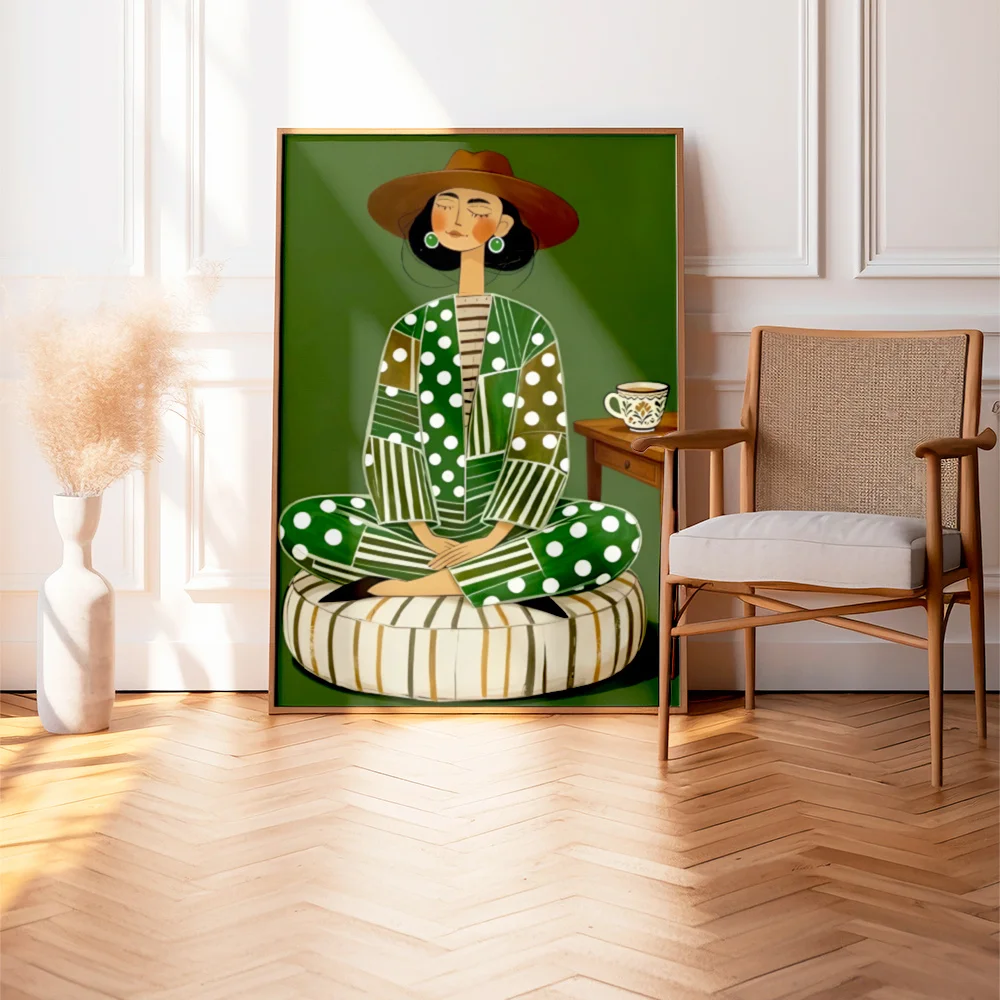 Green dot meditation lady canvas wall decoration painting, 2D printed poster, living room and bedroom Nordic home decoration