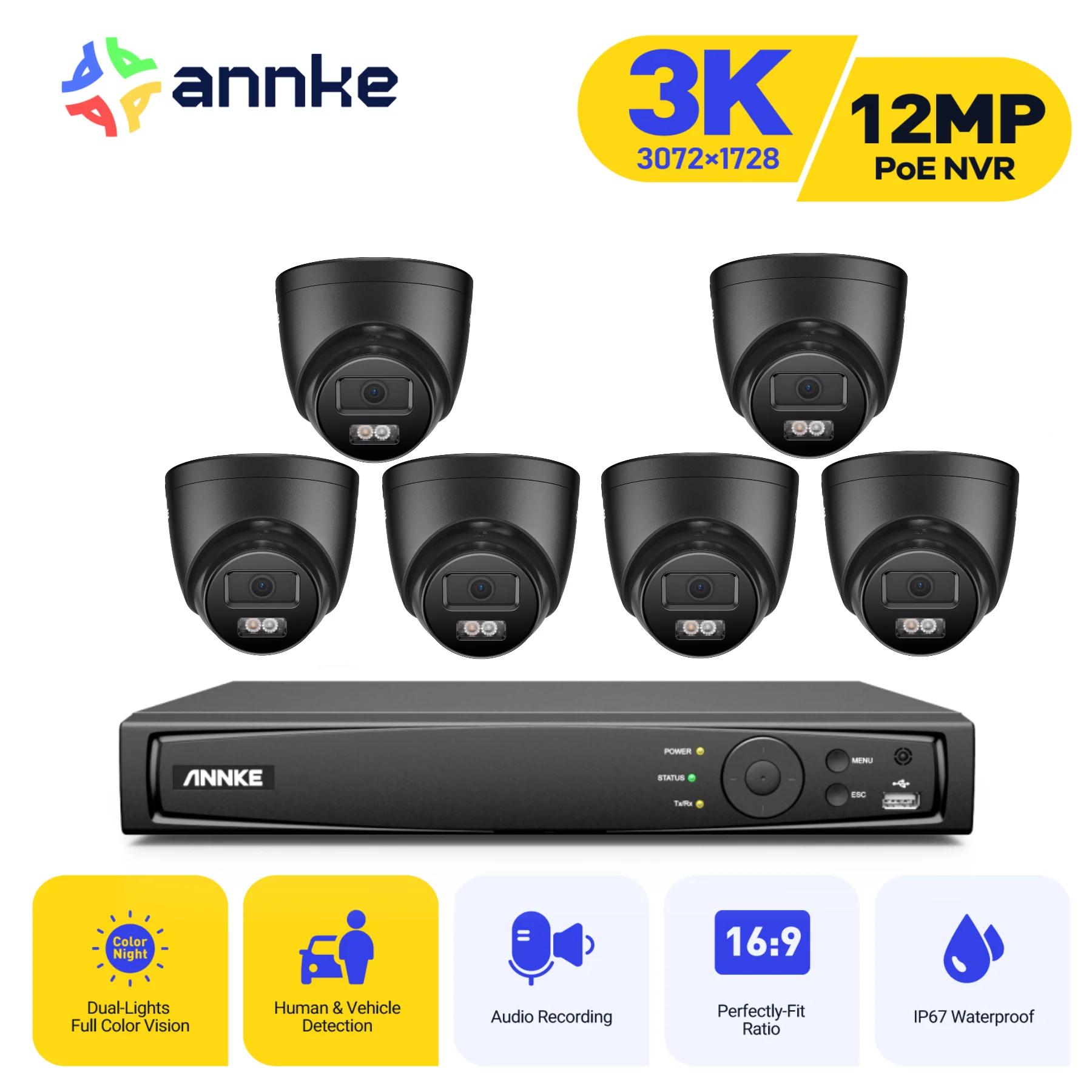 

ANNKE 8CH NVR 12MP Video Surveillance Kit 3K IR Network POE Camera Built-in Mic IP67 Waterproof CCTV Security Camera System