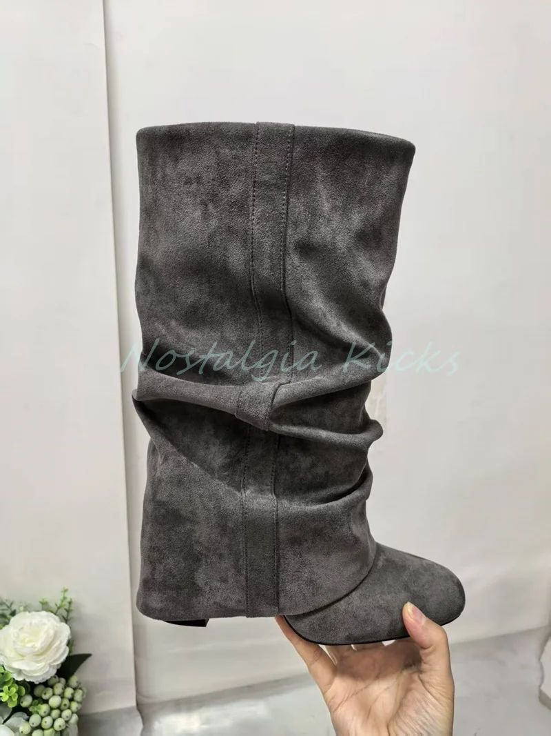 

Gray Suede Slouchy Mid Calf Boots Casual Folded Slip On Knee High Ankle Boots Autumn Winter Casual Women's Stacked Boots