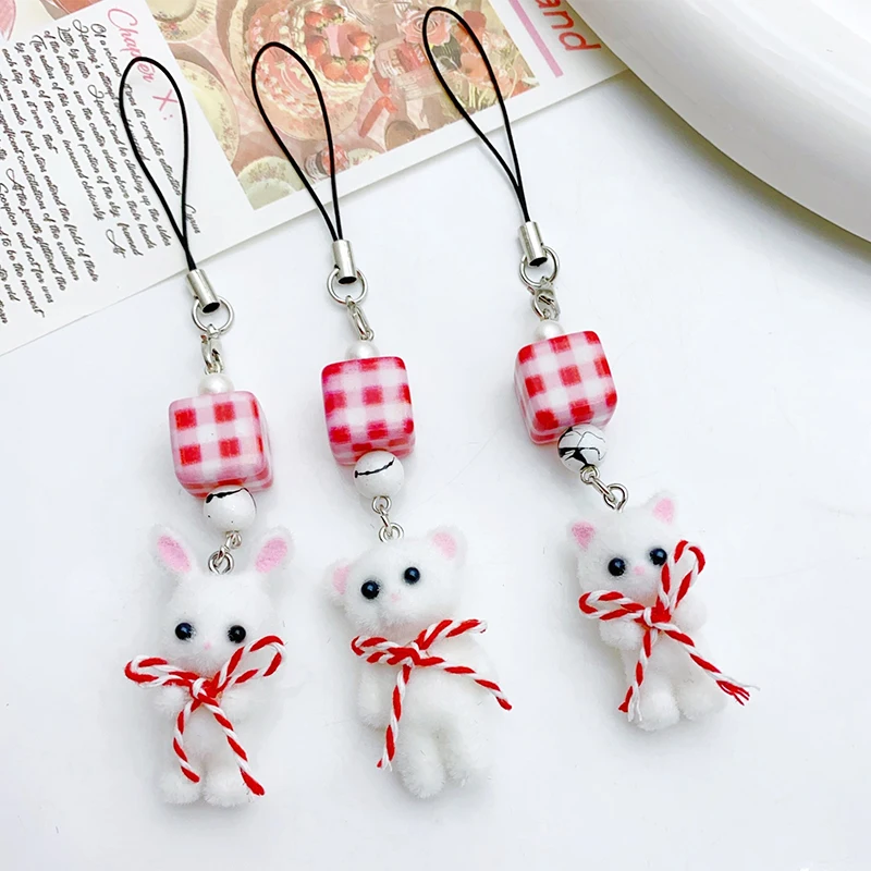 Christmas Kawaii 3D Flocking Cat Phone Lanyard Cute Rabbit Bear Bow Mobile Phone Chain Cellphone Strap Keychain Bag Pendant