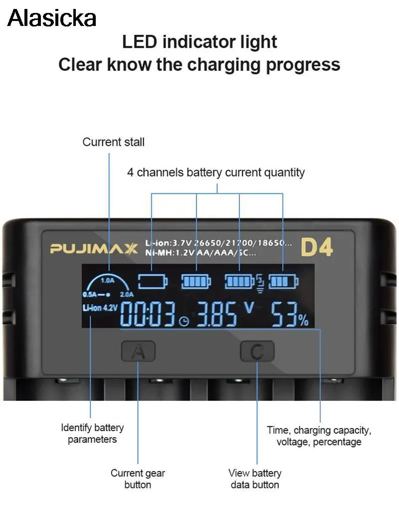 18650 LCD Screen Show The Fast Charging Battery Charger 26650 18350 21700 26700 22650 Li-ion Rechargeable Battery Charger