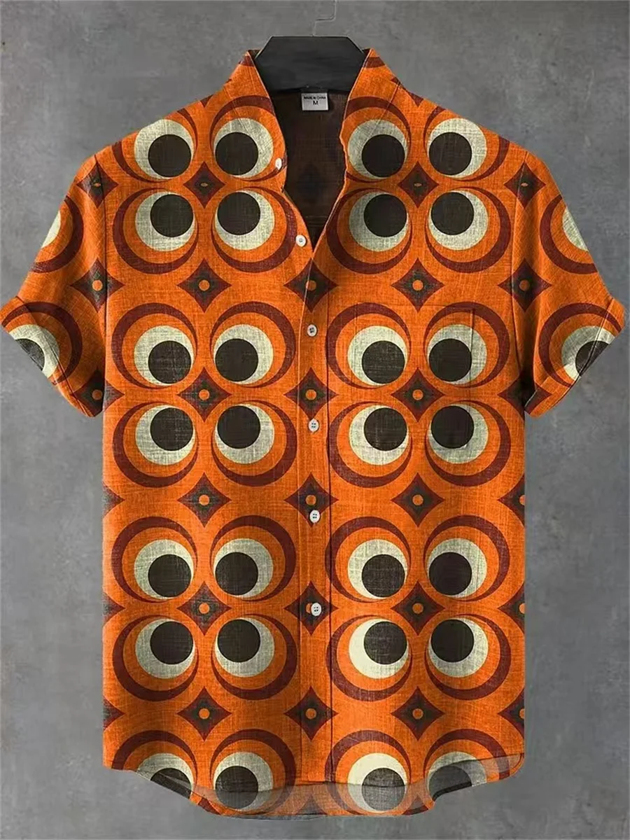 

2025 Spring/Summer Men's Clothing Stand Collar Linen Short Sleeve Shirt Elegant Artistic Pattern Casual Fashion Print Top