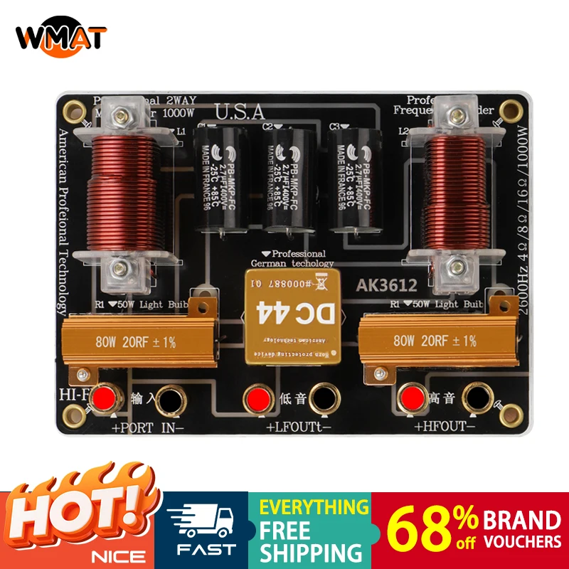 

2 Way Crossover, 1000W High Power for Stage with Tweeter Protector 2600Hz Crossover Point, for Single 10" 12" Passive Speaker