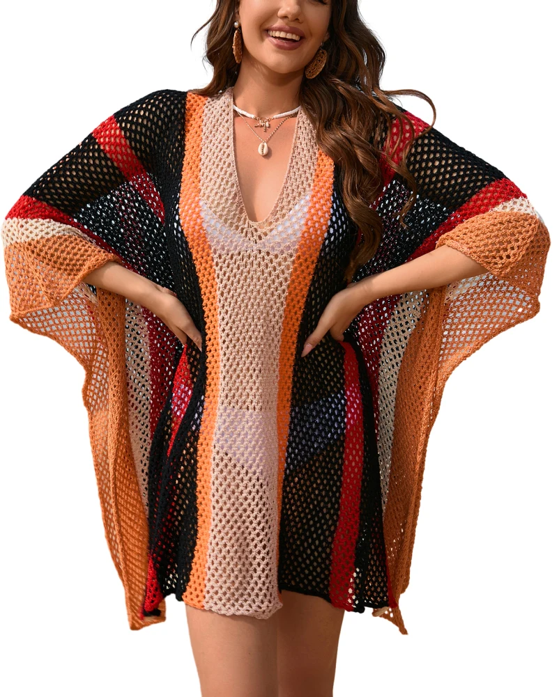 

Plus Size Women Bikini Coverups Dress V-Neck Crochet Hollow Out Long Sleeve Summer Colorful Beach Female Clothing