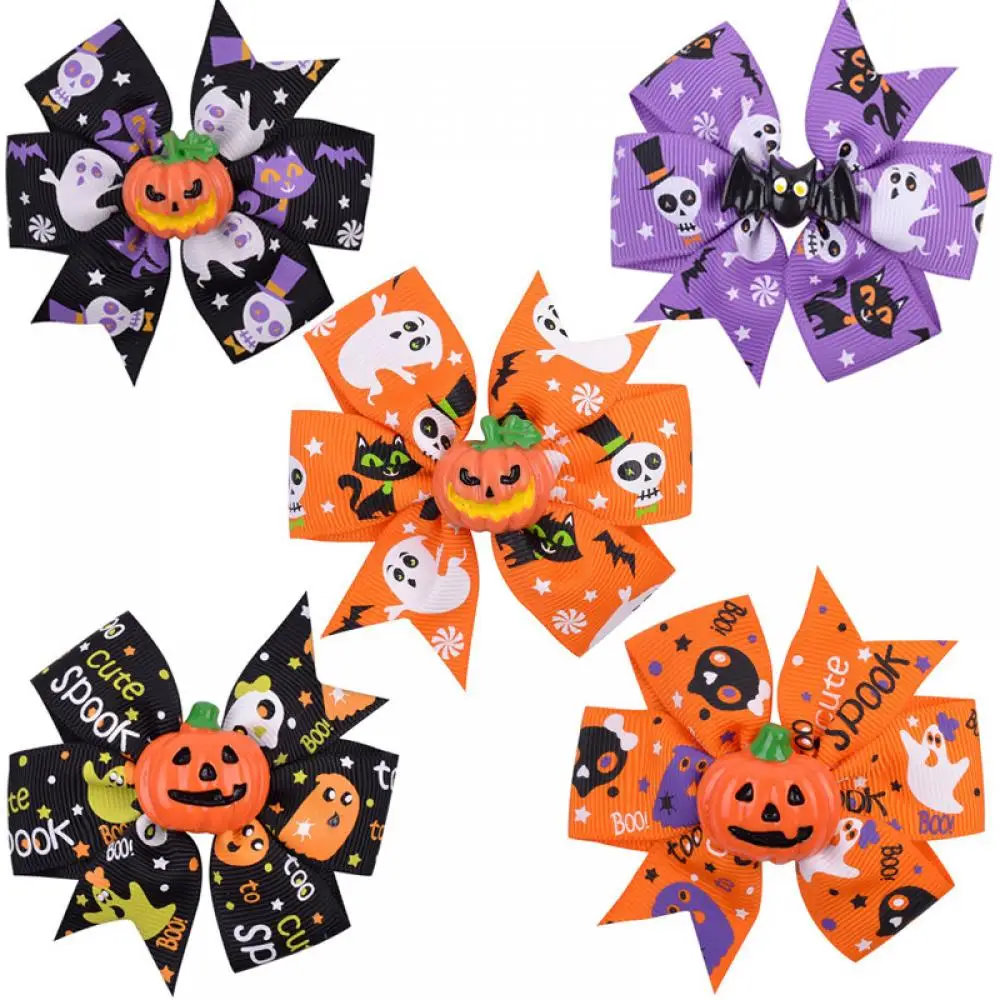 Halloween Hair Bow with Pumpkin Lantern Bat Design Gothic Ghost Print Ribbon Accessories for Costume Parties Witchcraft Decor