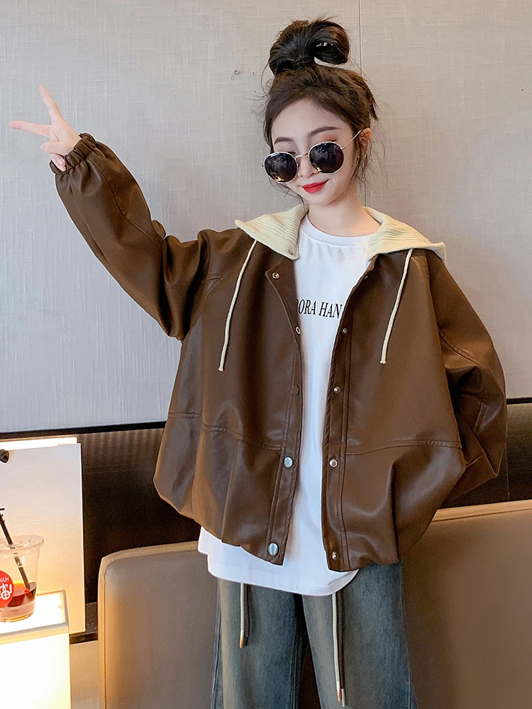

Children Loose Clothes XMP651 Girls Black Brown Leather Baby Jacket Knitted Hooded Fall Spring Kids PU Single Breasted Coat