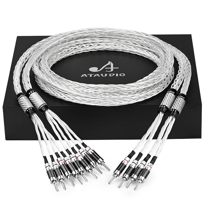 

ATAUDIO Hifi Silver-Plated Bi Wiring Speaker Cable Hi-end OCC Silver 2 Bananas to 4 Bananas Speaker Wire With Self locking plug