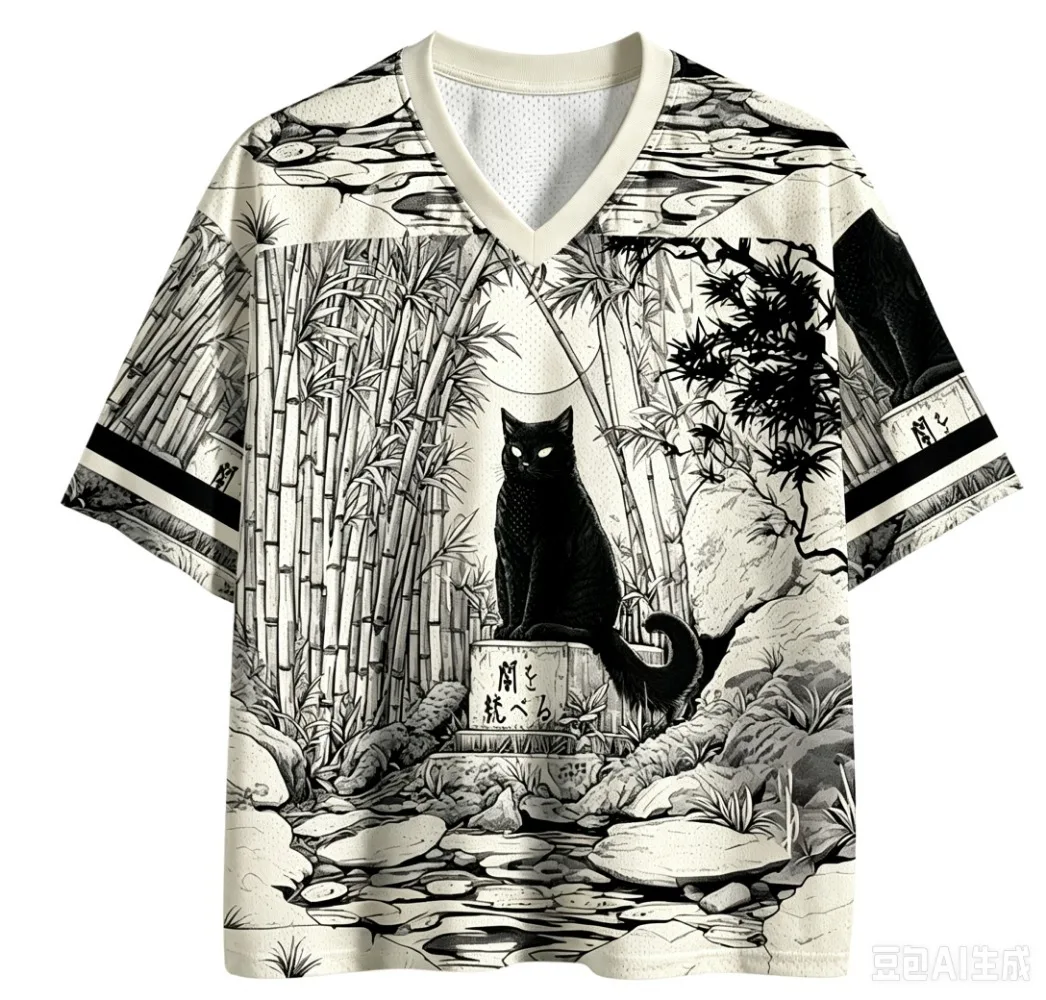 Schwarze Katze im Bambuswald 3D-Druck Herren V-Ausschnitt Übergrößen T-Shirt Japanisch Lässig Atmungsaktiv Schnelltrocknend Locker Sitzend Eltern-Kind – Detail 5