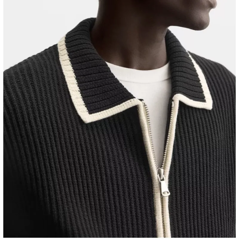 Men's wholesale black and white color contrast fashion design double zipper knit cardigan