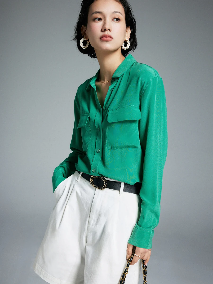 SuyaDream, Women Pockets Shirts, 100%Real Silk, Turn Down Collar, Solid Chic Blouses, 2024 Spring Summer Office Lady Top