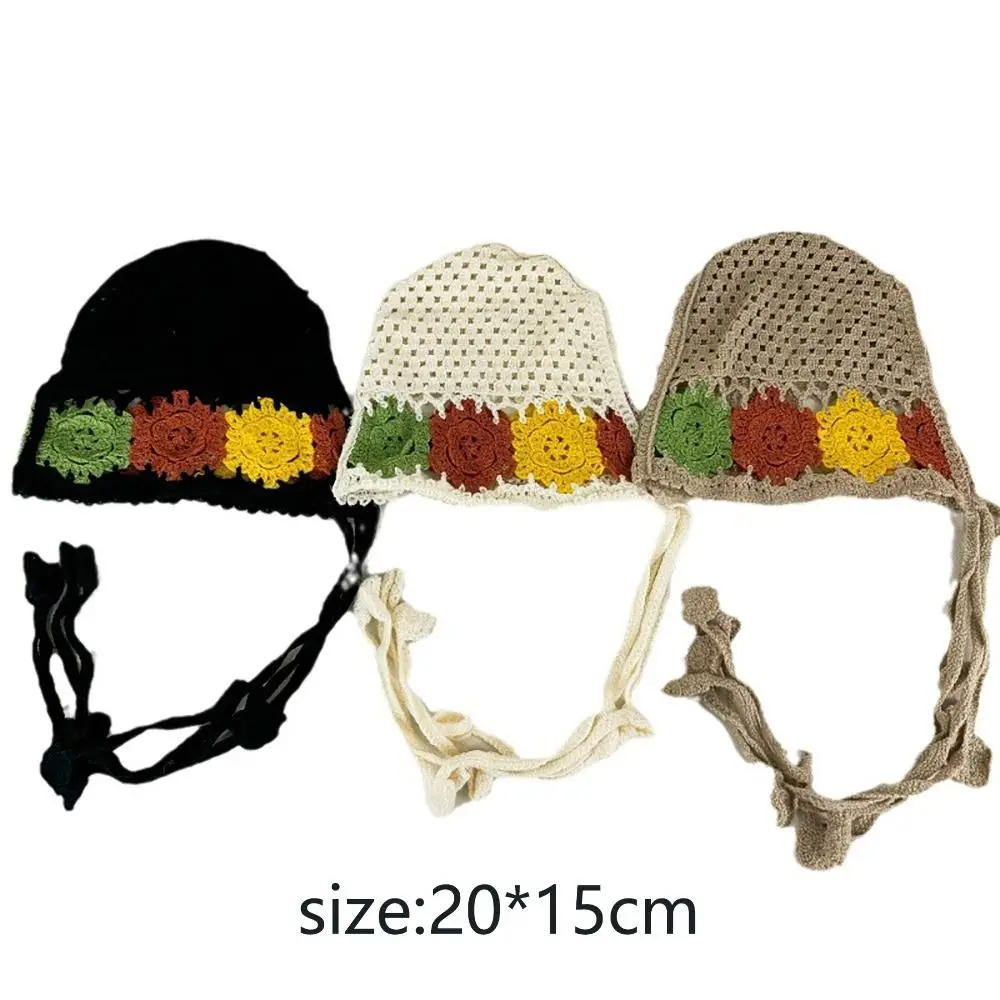 Gorro estilo pastoral francês, chapéu boêmio de malha, lenço, flor, artesanal, crochê, meninas, faixa de cabeça, toalha