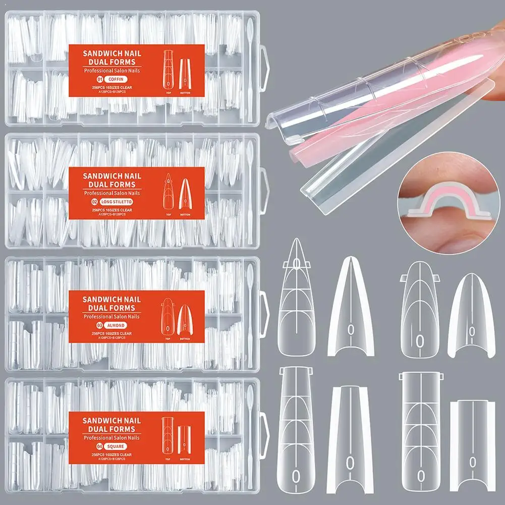 

256PCS Sandwich Dual Form Nail Tips Quickly Building Gel Form Nail Extension System Full Cover Nail Forms For Sculpting Manicure