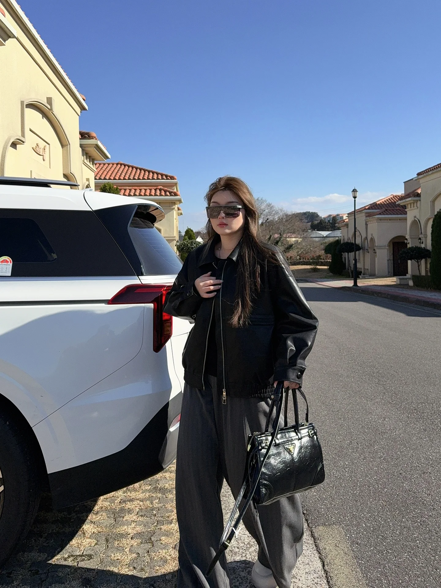 

Miss ng's plus Size Women's Faion Retro Bla Leather Jaet Loose Motorcycle Sle Coat Long Sve round Ne Zipper Cl...