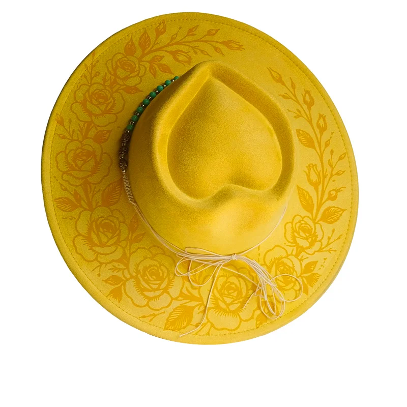Yellow LOVE Burned hat Suede Finish Fedora 9.5cm Brim Early Autumn Style featuring pyrography and burn effect detailing