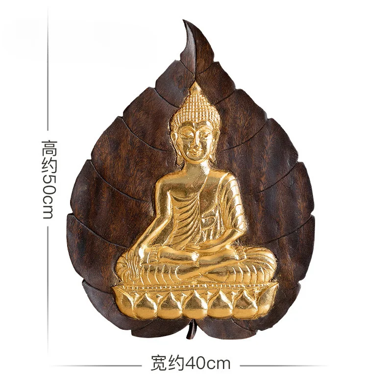 

Thailand Teak Crafts Wall Decoration Living Room Solid Wood Carved Gold Foil Buddha Statue Wall Hanging