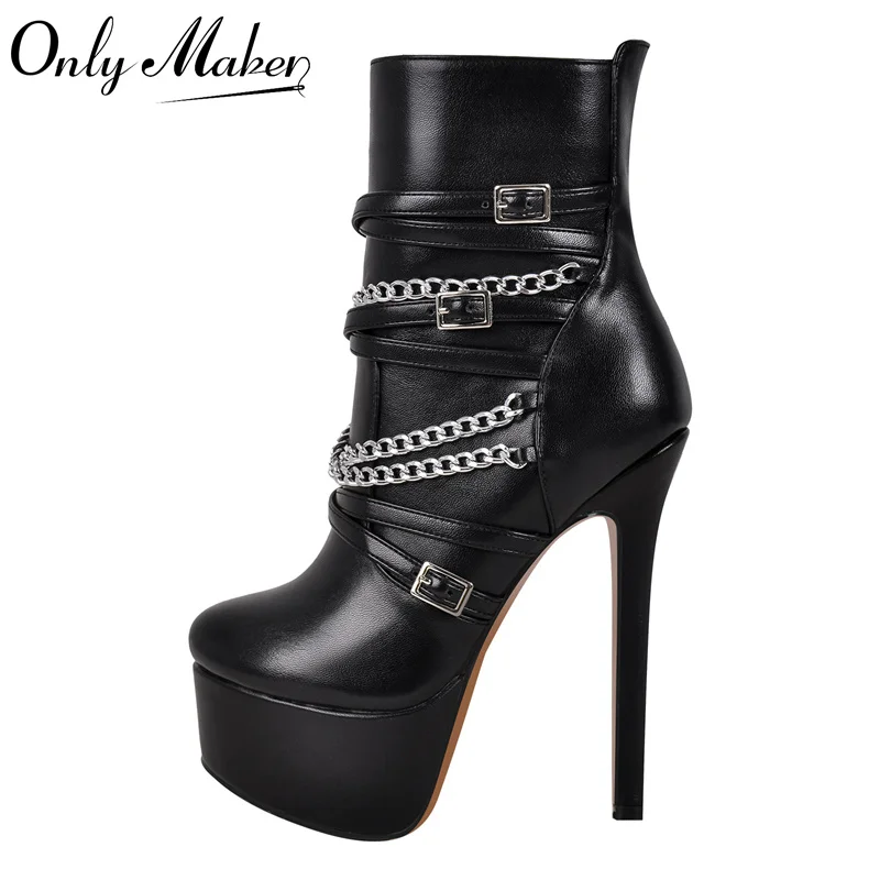 

Onlymaker Women Platform Ankle Boots Black Matte Side Zipper Big Size Stilettos Winter Booties