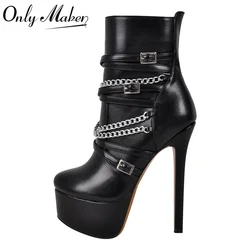 Onlymaker Women Platform  Ankle Boots Black Matte Side Zipper  Big Size Stilettos Winter Booties