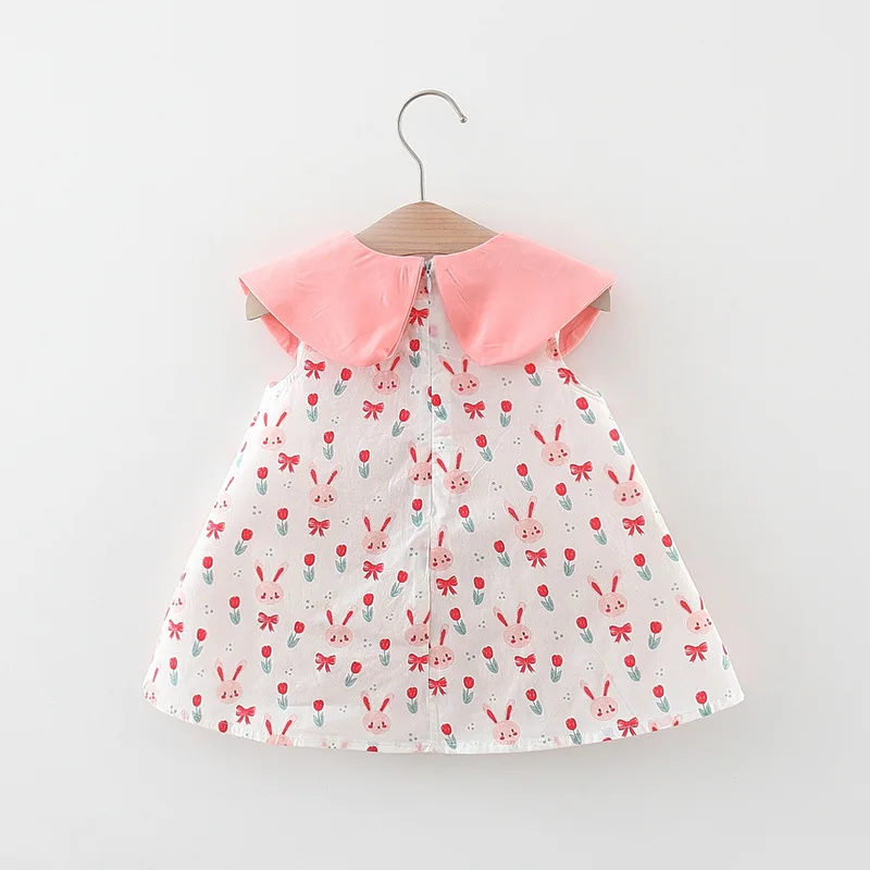 Girls Summer Dress Cute Doll Neck Little Rabbit Printed Sleeveless Cotton Skirt Suitable for Children Aged 80-110