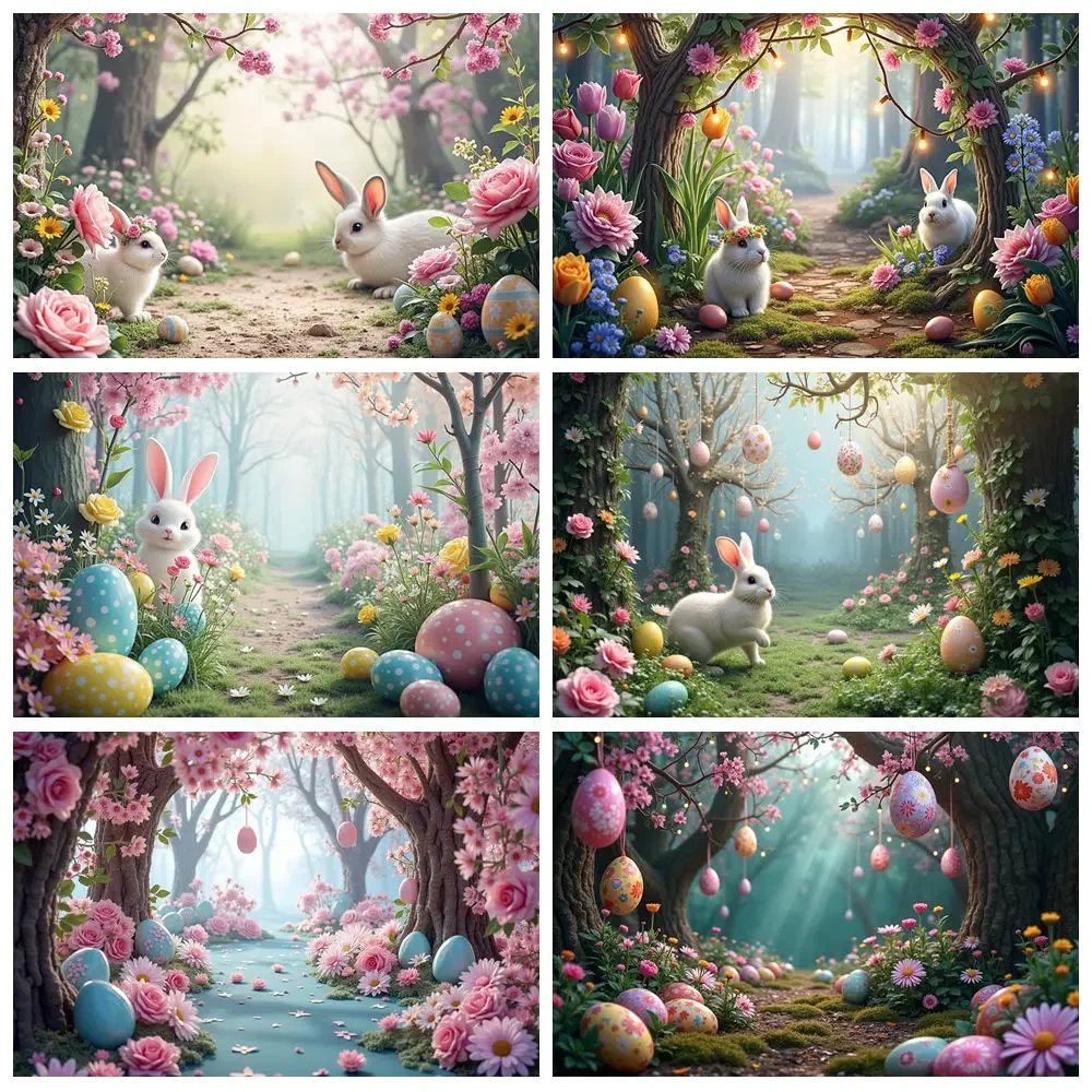 

MOON.QG 2025 Easter Enchanted Garden Background Bunny Rabbit Eggs Fairy Forest Flowers Backdrop Children Photography Decorations