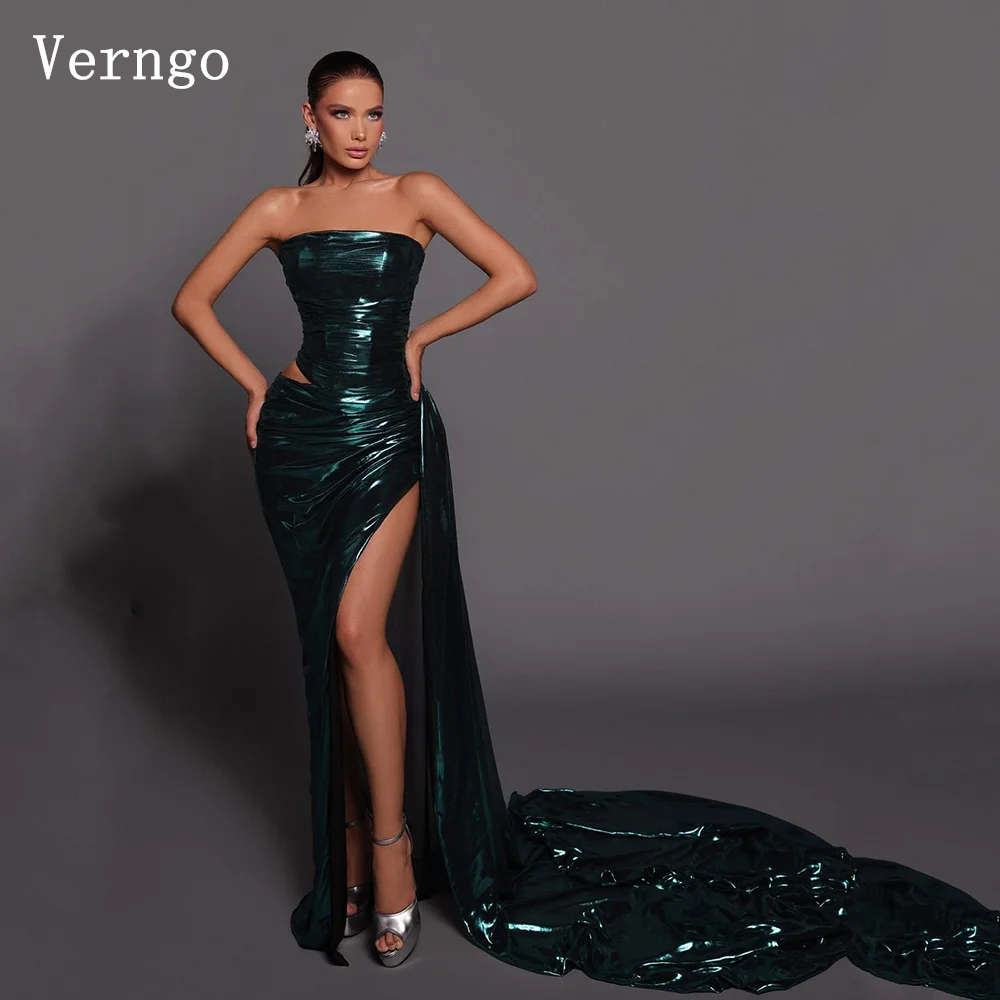 

Verngo Dark Green Evening Dress Strapless Mermaid Front Split Formal Occasion Dresses Women Mdern Prom Gowns Customized