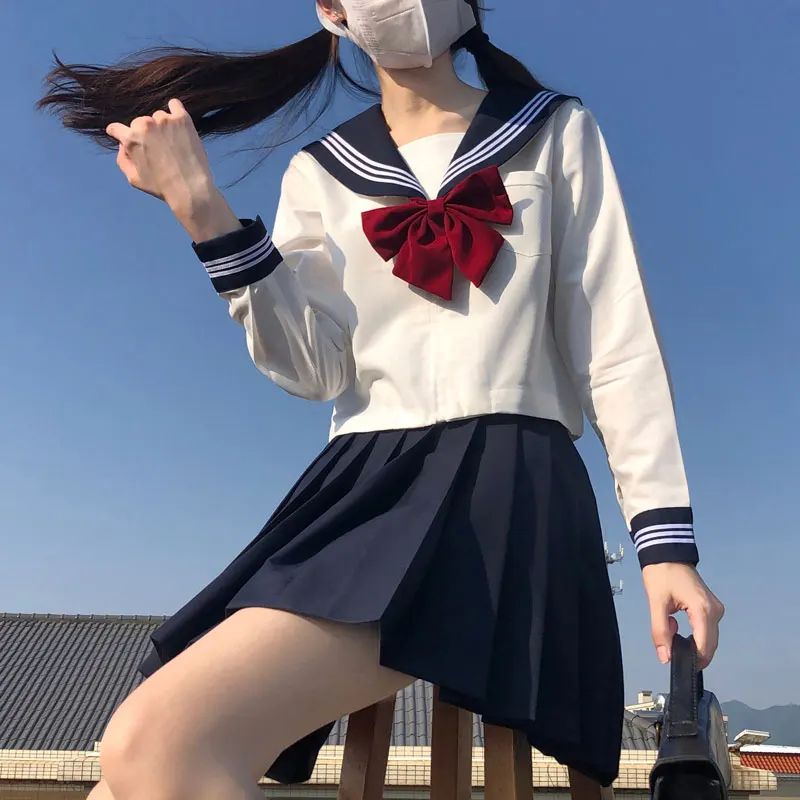 Weiß 3 gestreifte Basic Seemann Outfit japanische Schulmädchen Uniform Seifuku Studentin Cos Kostüm Frauen JK Plissee Marine Rock