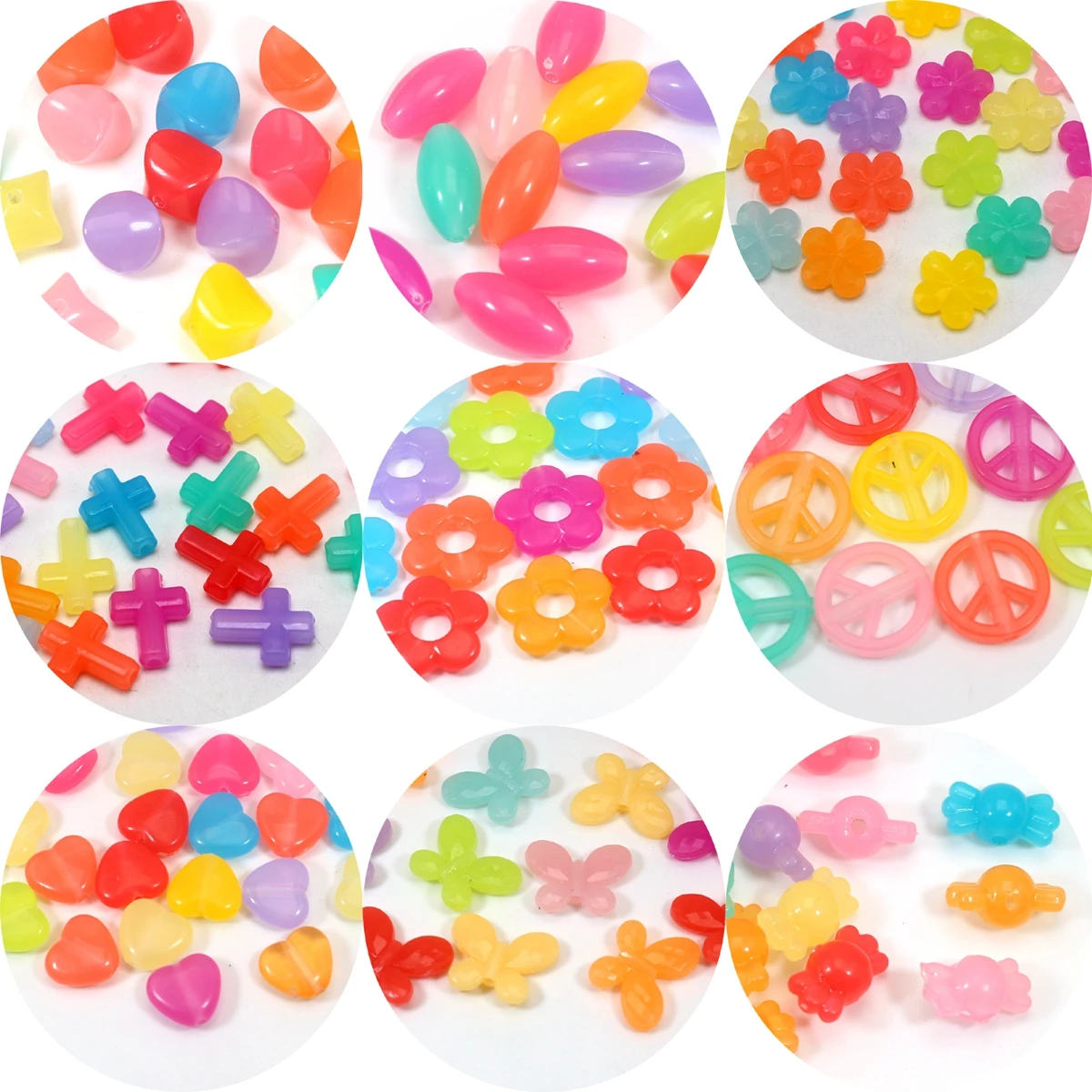 100pcs Mixed Jelly Color Acrylic Various Shape Heart Flower Charm Beads Crafts