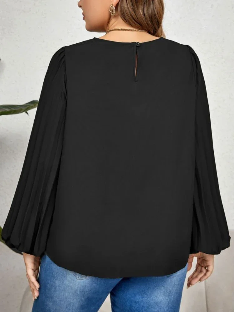 Loose Plus Size T-Shirts for Women O Neck Pleated Long Lantern Sleeves Tops Causal Graceful Simple Commute Clothing Autumn 2023